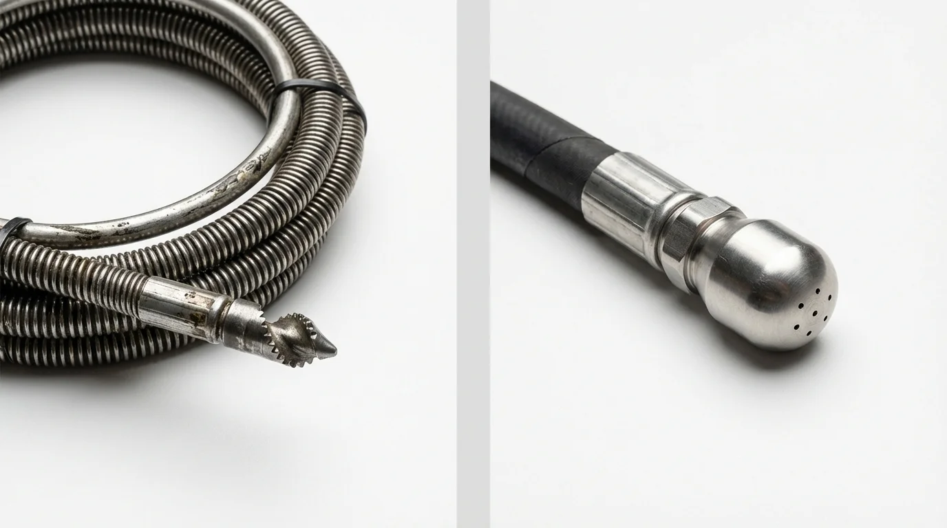 Drain snake cable and hydro jetting nozzle used for drain cleaning in Leander, TX
