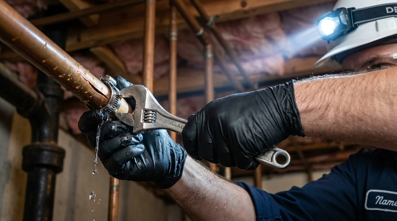 Emergency pipe clamp repair being performed by a Johns Plumbing LLC plumber in Leander