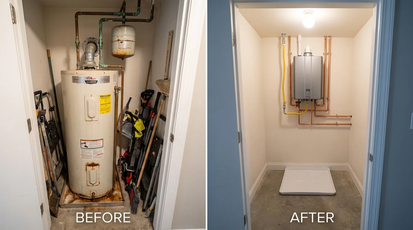 Tank water heater versus wall-mounted tankless unit comparison for Leander, TX homeowners
