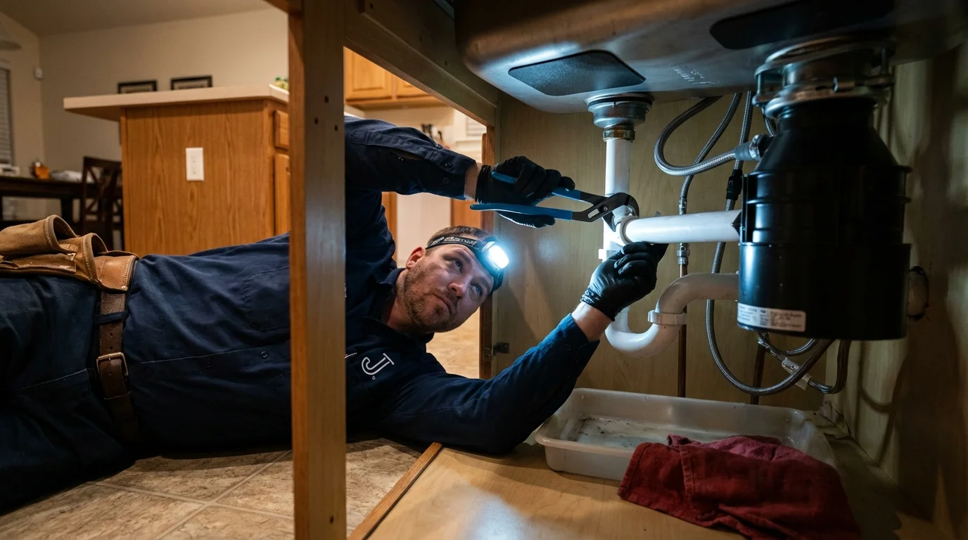 P-trap and supply line connections under a kitchen sink showing a common leak point in Leander, TX